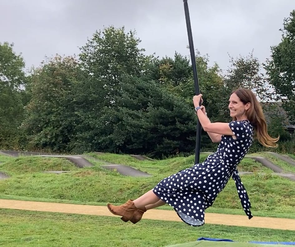 Aphra Brandreth trying out the new Little Heath Play Area zip wire.